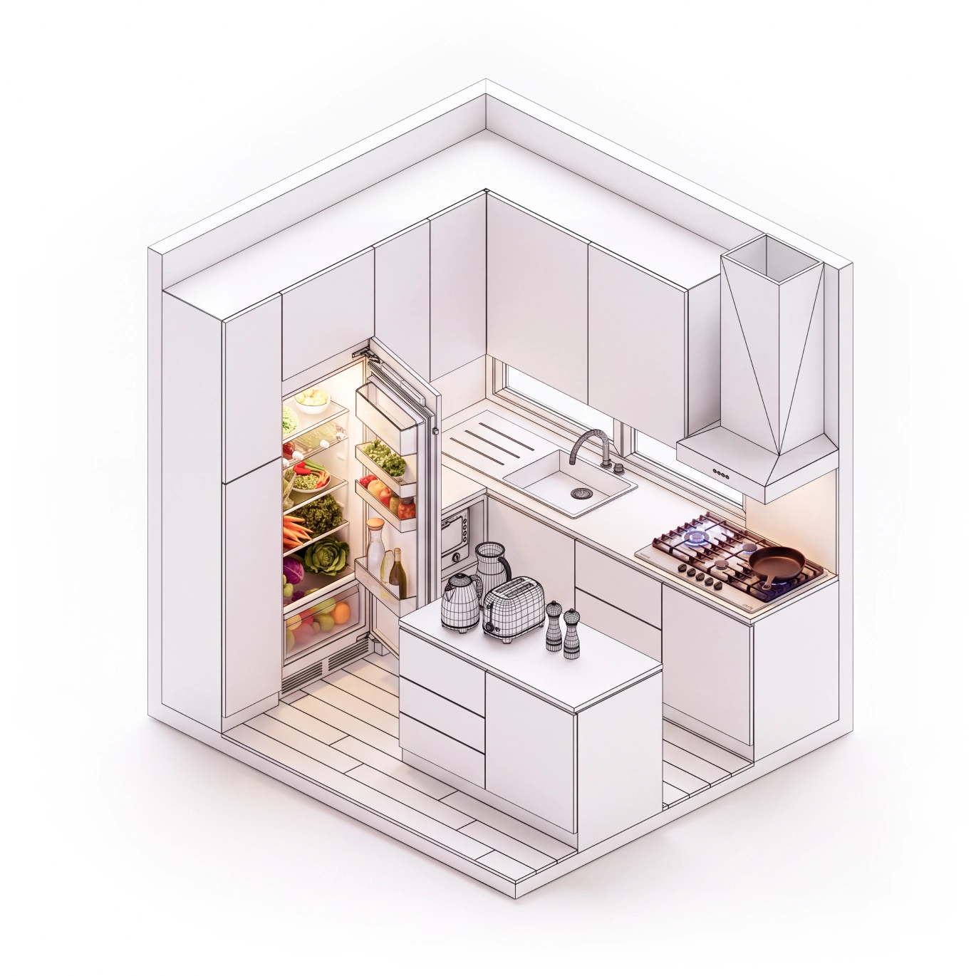 Ilustração isométrica de uma cozinha com refrigerador e cooktop Gorenje embutidos