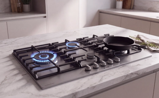 Cooktop a gás de cinco bocas sobre bancada de mármore