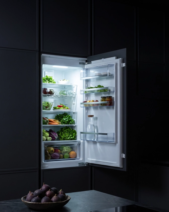 Refrigerador de embutir aberto em cozinha escura