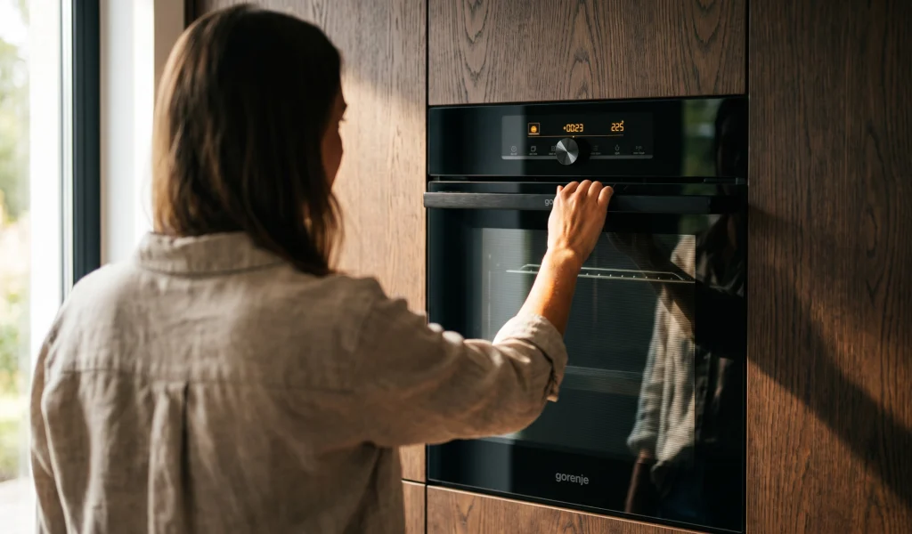 Mulher abrindo um forno de embutir Gorenje em marcenaria de madeira